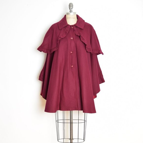 vintage 60s cape coat burgundy wool ruffle caplet jacket tiered Sherlock draped - Picture 3 of 11